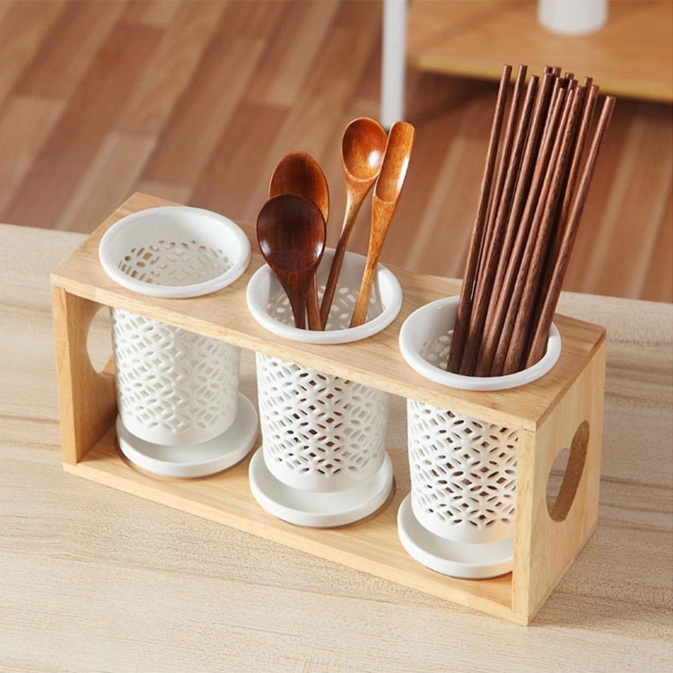 Wood & ceramic cutlery holder
