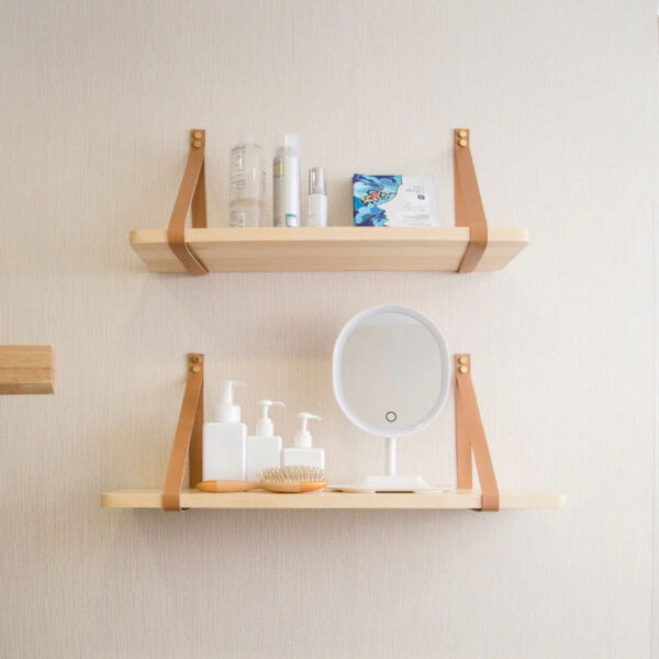 Wooden wall shelf with straps
