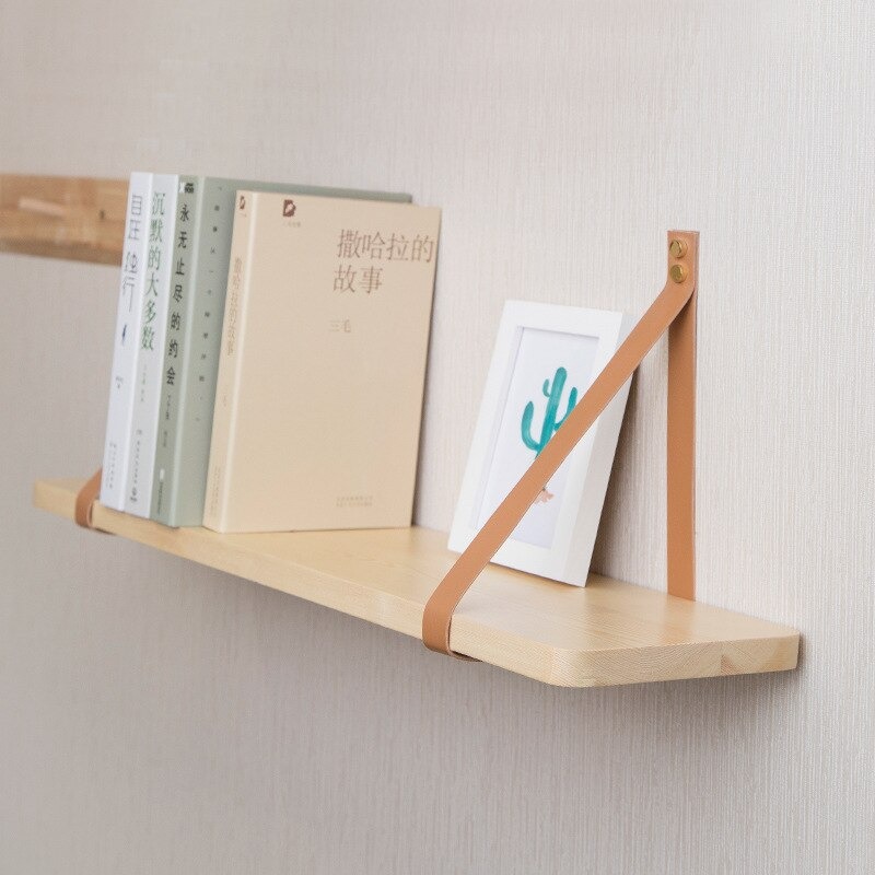 Wooden wall shelf with straps